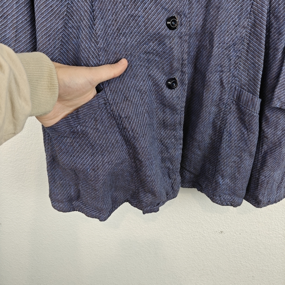 FLAX Jeanne Engelhart VTG 100% Linen Long Sleeve Jacket Pockets Blue Button M - Picture 3 of 13